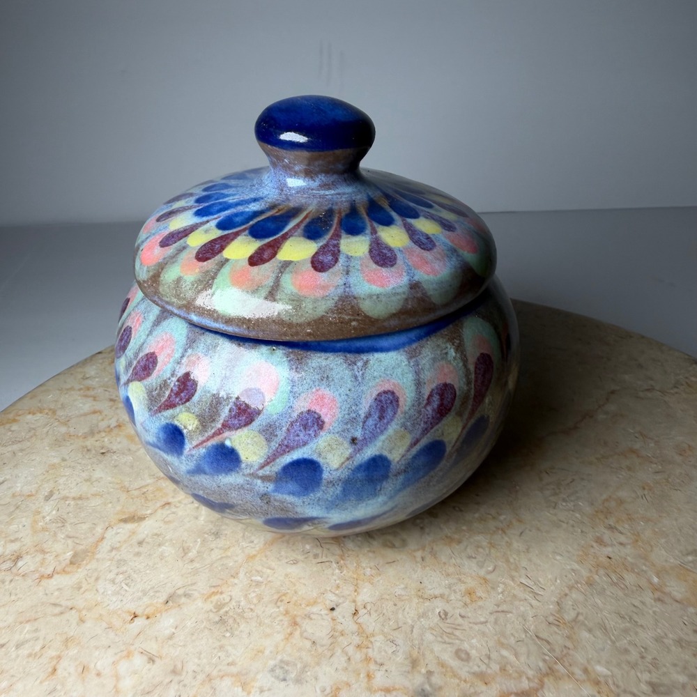 Vintage Pottery Lidded Jar Small Blue Peacock Feather Drip Glaze Studio Bowl